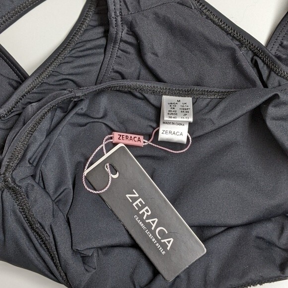 Zeraca Swimsuit Medium Plunge Halter One-Piece Tie Back Black M NWT NEW - Picture 7 of 10